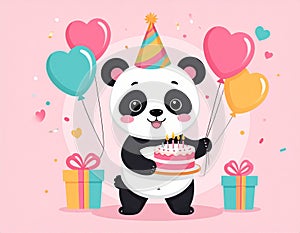 Generated image.Cartoon panda holding a birthday cake