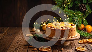 AOVE, a beautifully baked cake topped with almonds and oranges, sits on a rustic wood