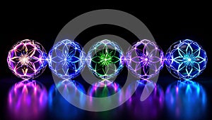 Generated image.Luminous objects with intricate,symmetrical patterns.