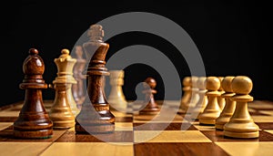 Many chess pieces on wooden checkerboard against black background, selective focus