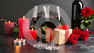 Wine glasses, lit candles, gift box and roses on black table. Romantic dinner
