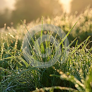 A Close-up of Dew-Covered Grass Blades in the Early Morning Light