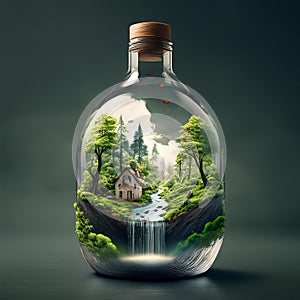 Fantasy forest landscape with cottage, waterfall, and river inside a glass bottle