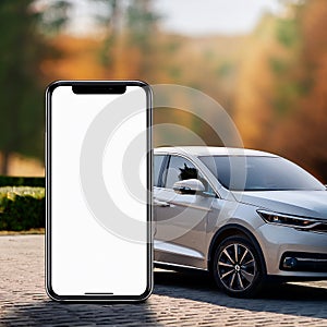 A smartphone with a blank white screen is prominently displayed in the foreground.