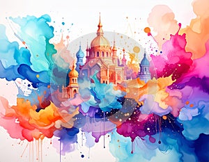 Fantasy watercolor cathedral floating in colorful clouds and splashes