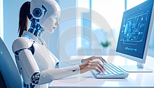 Futuristic AI Woman Working on Computer
