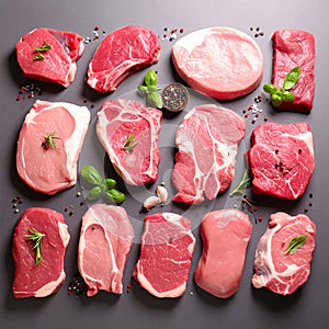 Raw meat pieces and spices on the table, flat