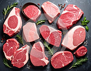 Raw meat pieces and spices on the table, flat