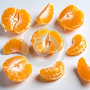 Peeled fresh tangerines on white background. Citrus fruit