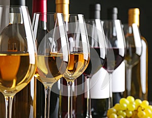 Tasty wine in glass and bottles on black background