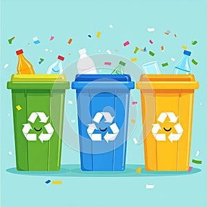 Colorful Recycling Bins with Plastic Waste