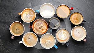 Cups with different types of coffee on dark grey table, flat lay