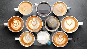 Cups with different types of coffee on dark grey table, flat lay