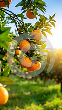 Fresh ripe oranges growing on tree outdoors