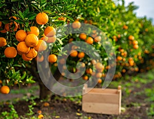 Fresh ripe oranges growing on tree outdoors