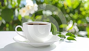 Cup of aromatic coffee on white table, closeup.