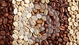Different types of coffee as background, top view