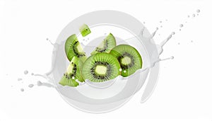 Splash of milk with Kiwi and pieces in air on white background