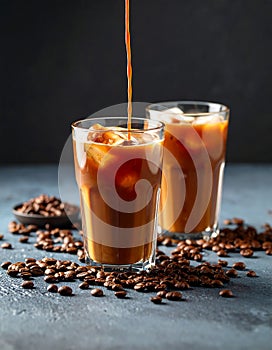 Delicious iced coffee on gray table