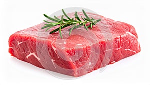 Piece of raw beef meat and rosemary isolated on white