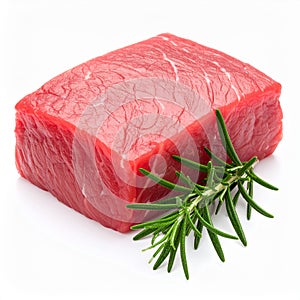 Piece of raw beef meat and rosemary isolated on white
