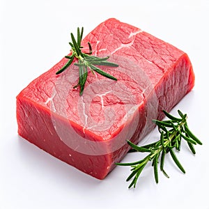 Piece of raw beef meat and rosemary isolated on white