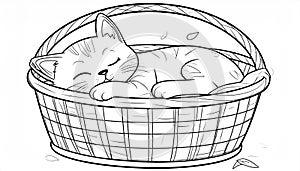 Sleeping Cat in Basket - Coloring Page