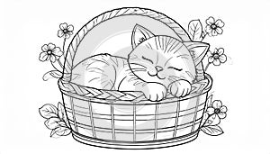 Sleeping Kitten in Basket Coloring Page