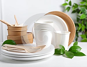 Set of disposable tableware on white wooden table