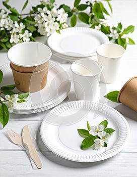 Set of disposable tableware on white wooden table