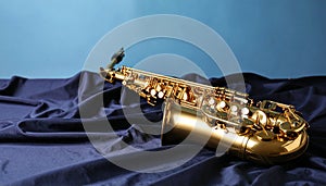 Jazz. A beautiful saxophone on dark fabric against a light blue background. Text area