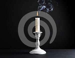 Extinguished candle in candlestick on black background