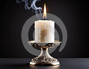 Extinguished candle in candlestick on black background