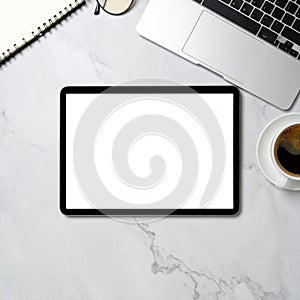 Modern Workspace with Tablet, Laptop, and Coffee