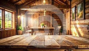 Rustic Wooden Table in Cozy Cabin Interior