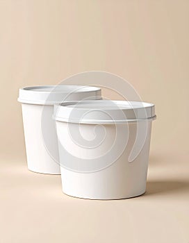 Two Blank White Plastic Containers on Beige Background