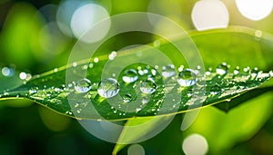Water drops on green leaf against blurred background