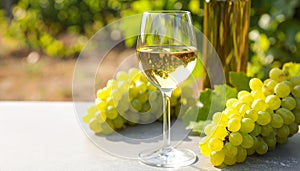 Fresh ripe grapes and a glass of wine on a gray table, close up.