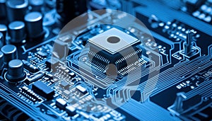 Close-up of a blue-toned circuit board