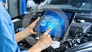 Automotive Technician Using Digital Tablet for Car Diagnostics