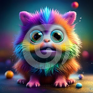 Rainbow colored fluffy monster with big glowing eyes and candy balls, whimsical 3D cartoon artwork