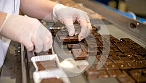 Packaging Chocolate Bars by Gloved Hands under Warm Lighting
