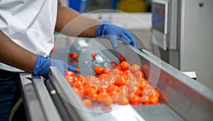 Gloved Worker Inspecting Cherry Tomatoes on Sorting Belt