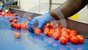 Gloved Worker Inspecting Cherry Tomatoes on Sorting Belt