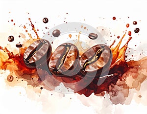 Coffee splash and roasted beans in air on white background