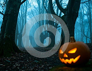 Leafless trees stand in a misty forest,