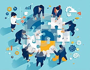 Business team collaborating around large puzzle pieces