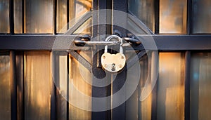 a metallic gate secured with a heavy-duty chain and padlock