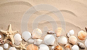 Different beautiful sea shells on sand, flat lay. Space for text