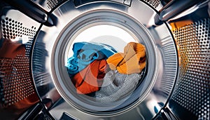 View from inside a washing machine drum with several colourful clothes